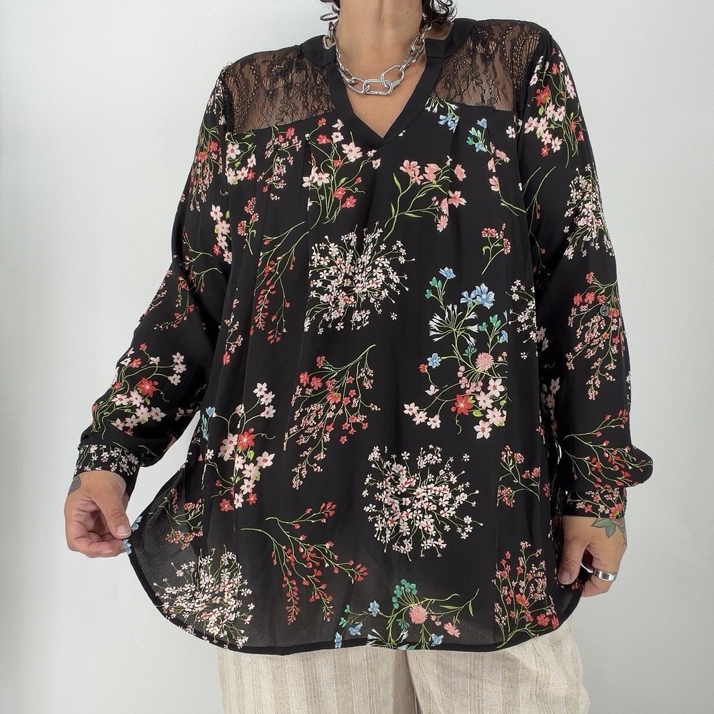 Lane Bryant long sleeve blouse sheer lace yoke cottage career 22/24 plus sz NWT
